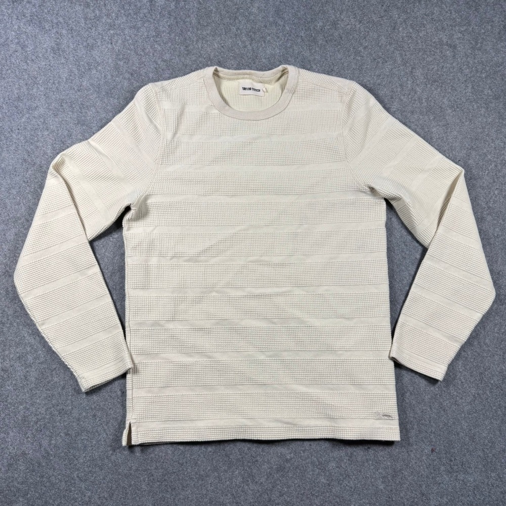 Taylor Stitch Mens 36 Textured Stripe Crewneck Sweater Cream Long Sleeve Knit